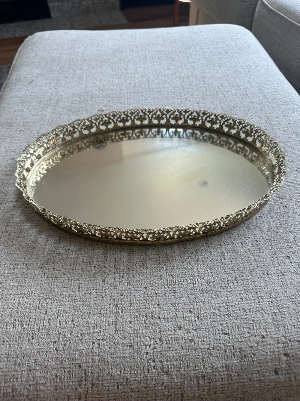 Vintage Hollywood Regency Oval Mirrored Vanity - Gold Filigree Ornate Pierced